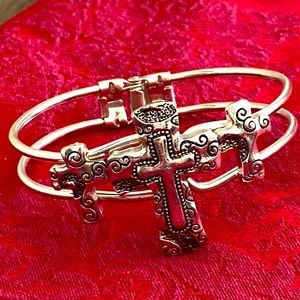 Vintage 90s Triple Ornate Crosses Hinged Cuff Bracelet